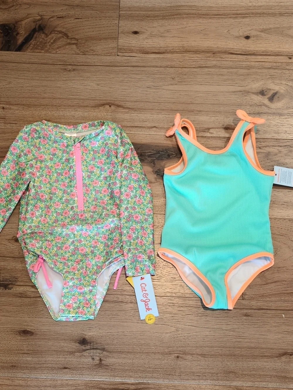 Cat & Jack Girls' Floral Long-Sleeve Rash Guard and Aqua One-Piece Swimsuit Set